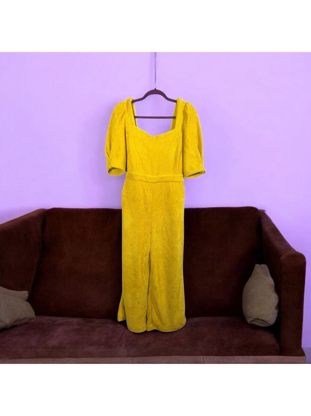 Size M En Saison Yellow Corduroy Puff sleeve belted Wide Leg Jumpsuit